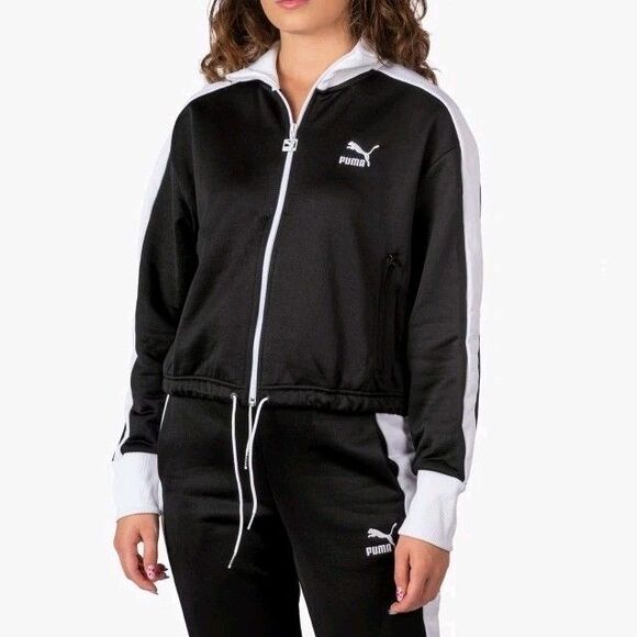 PUMA Iconic T7 Crop Jacket Womens Size Small Black White Retro Sportswear Soccer - Picture 1 of 9